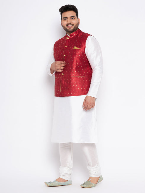 Vastramay Men's Plus Size Maroon Zari Weaved Nehru Jacket With Kurta Pyjama set